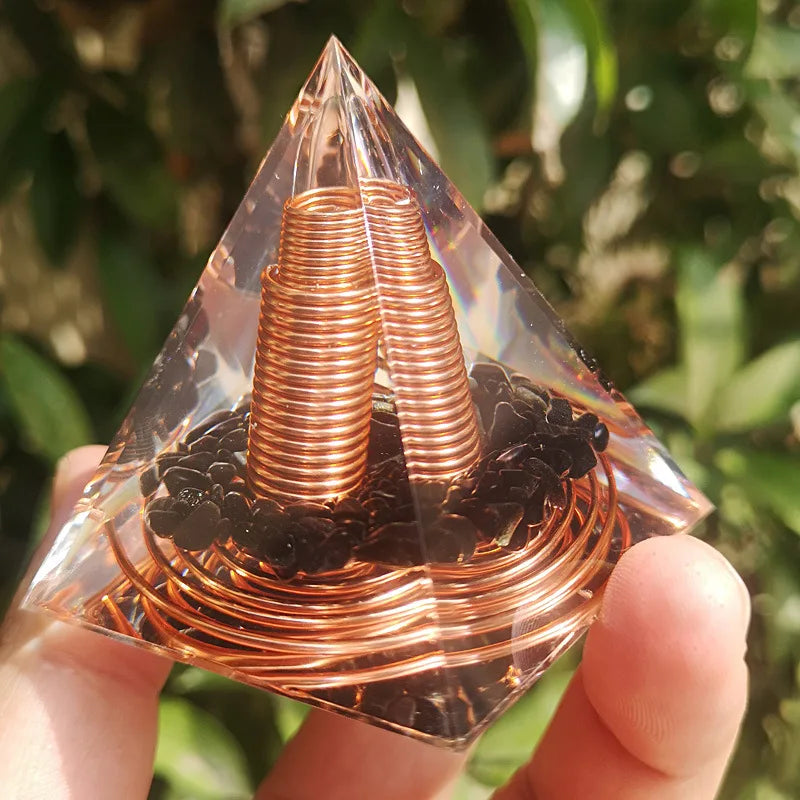 6CM Spiral Copper Wire Orgonite Pyramid With Obsidian