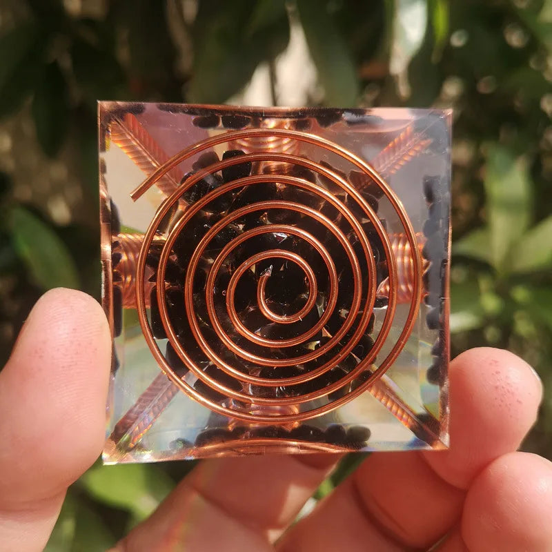 6CM Spiral Copper Wire Orgonite Pyramid With Obsidian