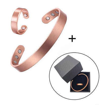 Set Pure Copper Bracelets and Rings Simplicity Cuff Magnetic Bangles for Women Men Arthritis Health Solid Copper Jewelry