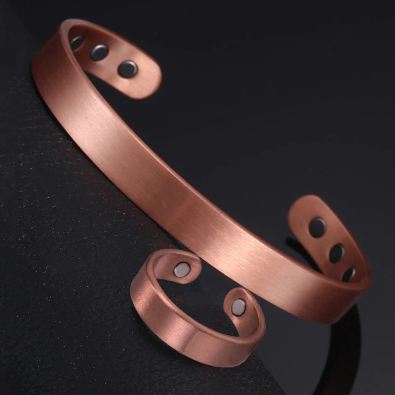 Set Pure Copper Bracelets and Rings Simplicity Cuff Magnetic Bangles for Women Men Arthritis Health Solid Copper Jewelry