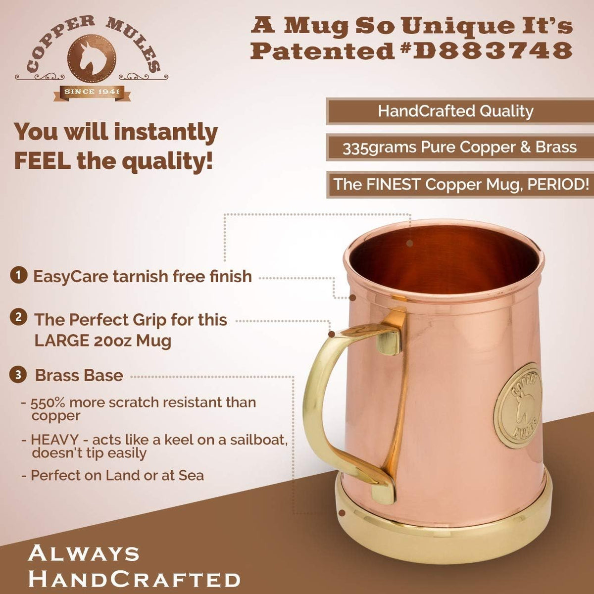 the Finest Handcrafted Copper Mug Unique Patented Design - Solid Brass Base and Handle - Holds 18Oz