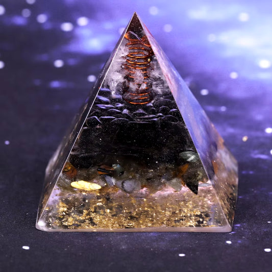 Black Orgonite Pyramid – Muladhara Chakra Obsidian & Labradorite for Spiritual Protection & Energy Balance