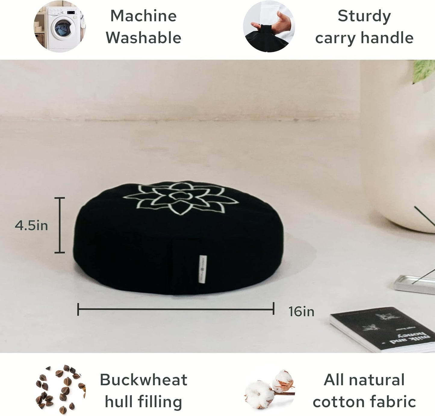 Mindful & Modern Large Meditation Cushion — Crescent Zafu with Buckwheat Fill