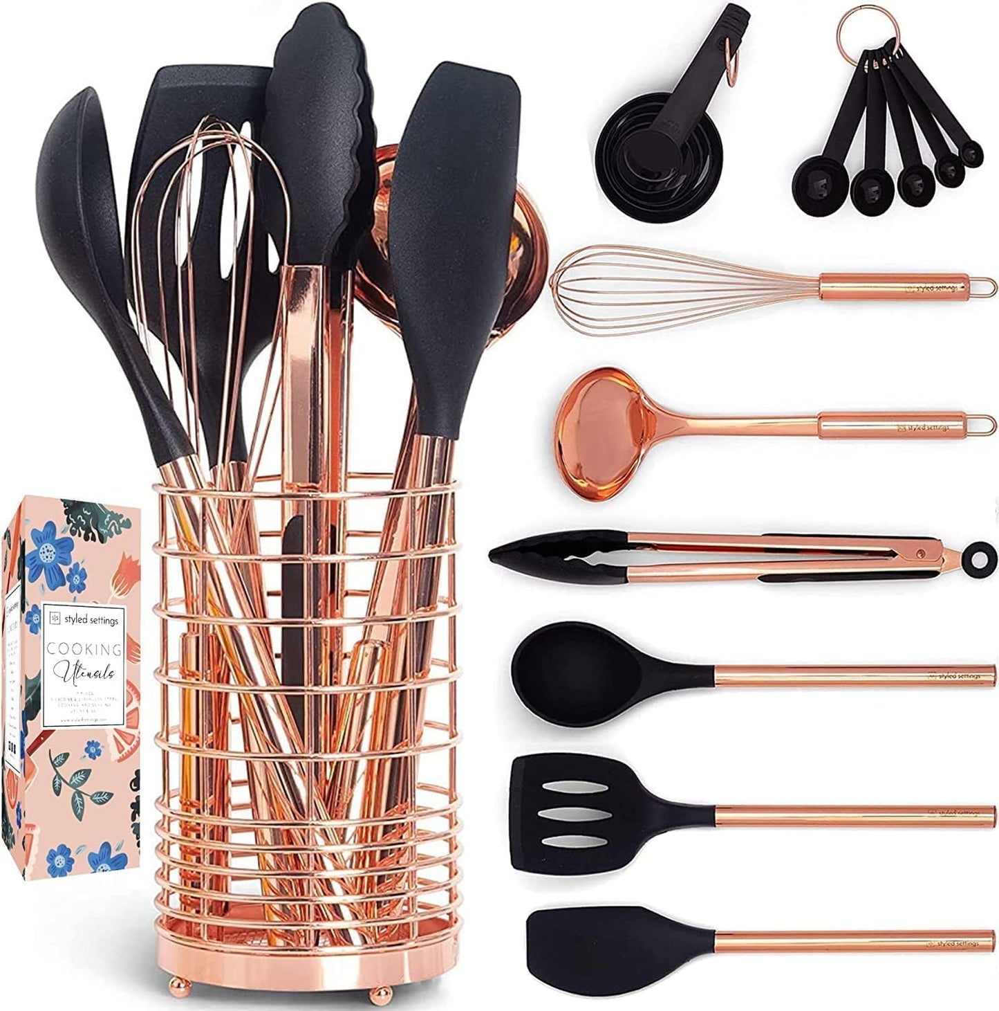 White Silicone & Copper Kitchen Utensils Set with Rose Gold Holder - 17-Piece Collection