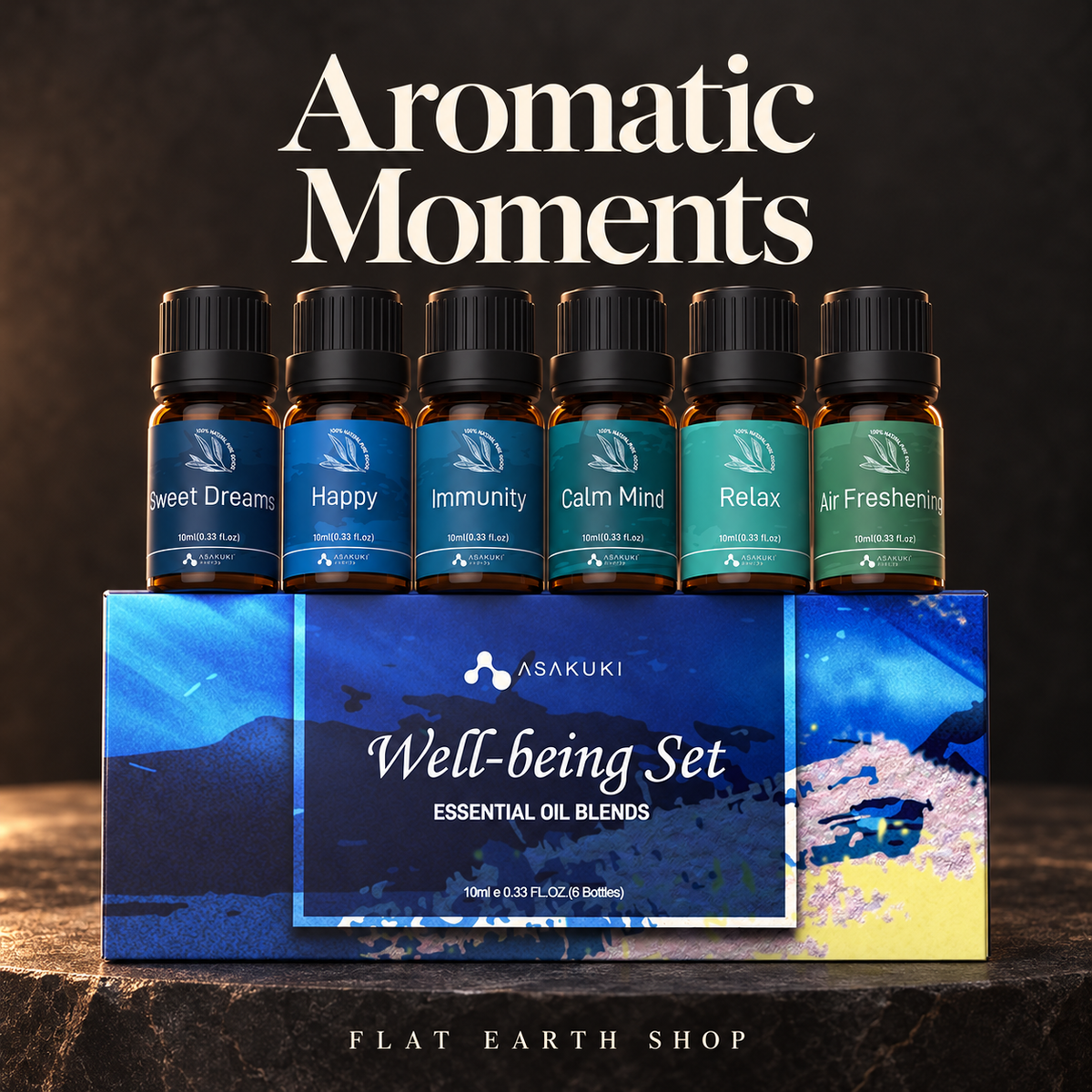 ASAKUKI Essential Oil Blend Gift Set — Aromatic Moments | 6 × 10 ml — dark studio view 1