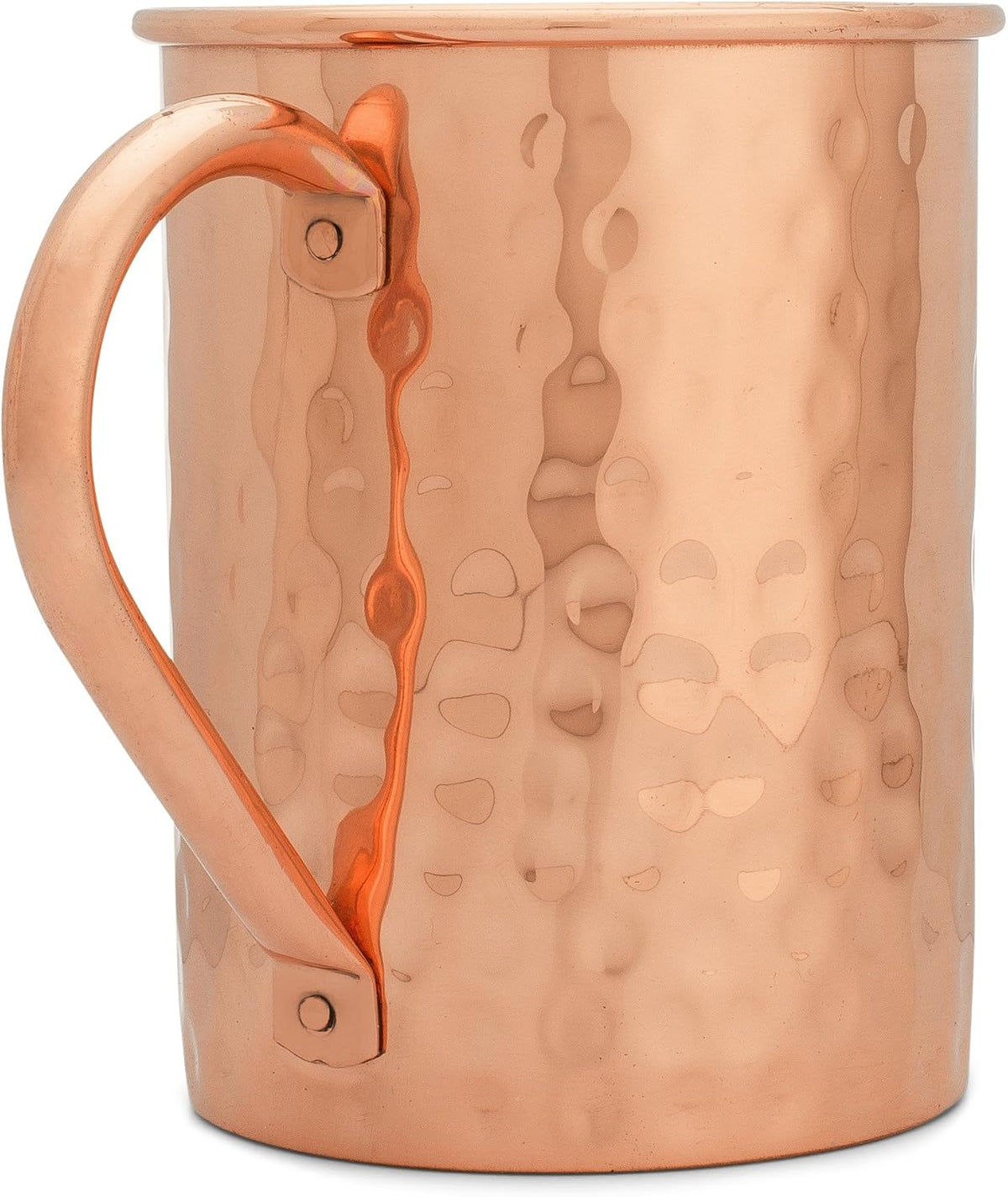 Hammered copper mug with riveted curved copper handle