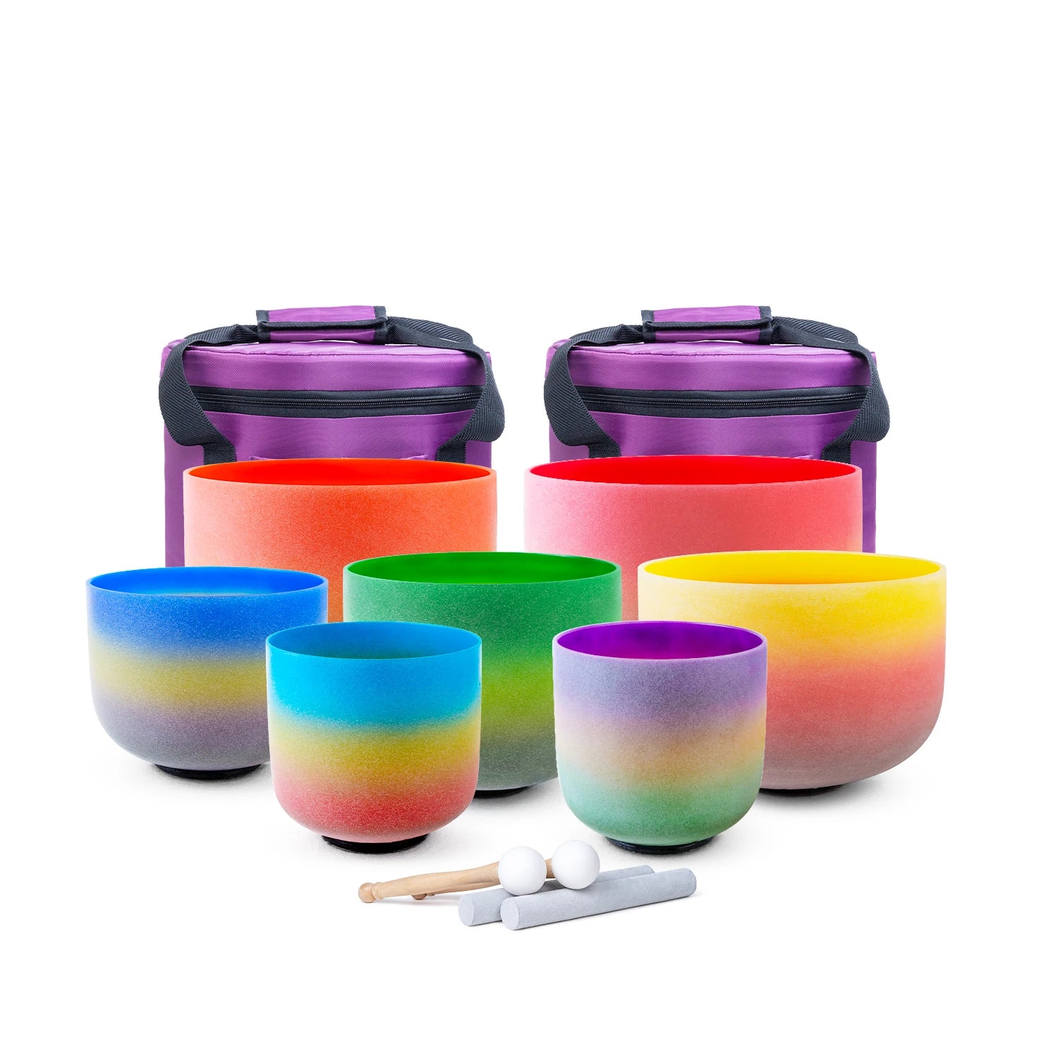 7-Piece Chakra Singing Bowl Set – Rainbow Frosted Quartz (7"-12"), 432Hz/440Hz + Free Bag