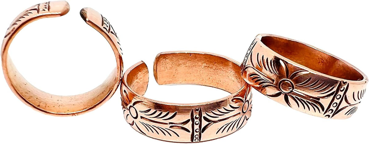 Copper Ring Set — Earthen Bloom | 3 Carved Rings