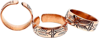 Copper Ring Set — Earthen Bloom | 3 Carved Rings