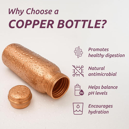 Pure Copper Water Bottle – 34oz Wide Mouth Hammered Ayurvedic Vessel with Straw
