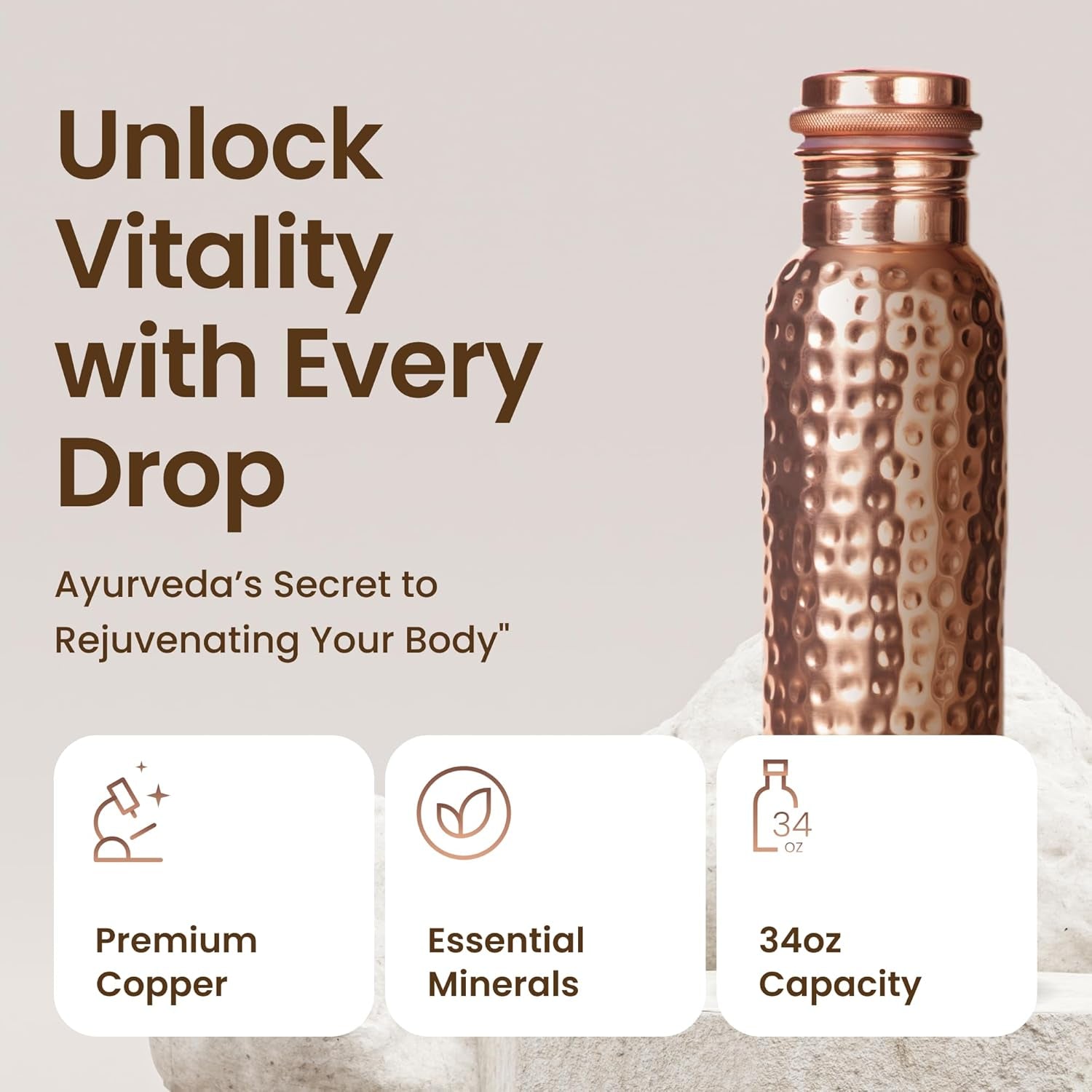 Pure Copper Water Bottle – 34oz Hammered Ayurvedic Vessel, Leak-Proof & Eco-Friendly Design