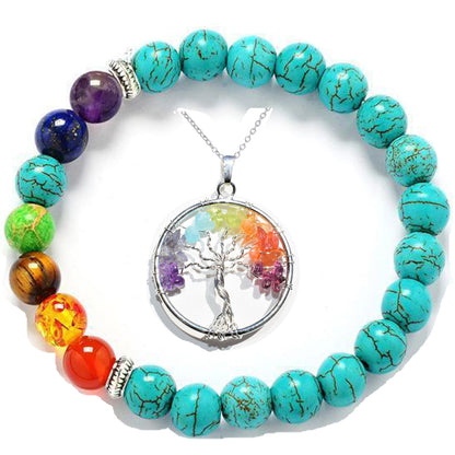 Unisex Chakra Pendant Necklace & Turquoise Energy Bracelet Set – Harness the Power of Balance & Healing