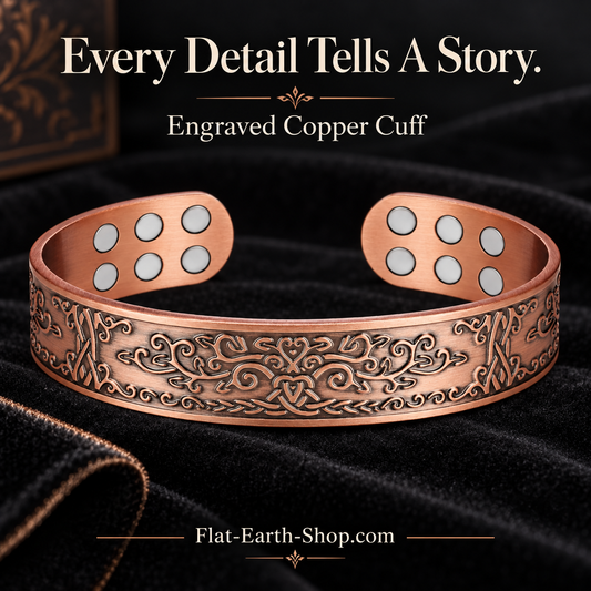 Copper-colored cuff bracelet with scrolling engraved patterns and circular inserts inside each end.