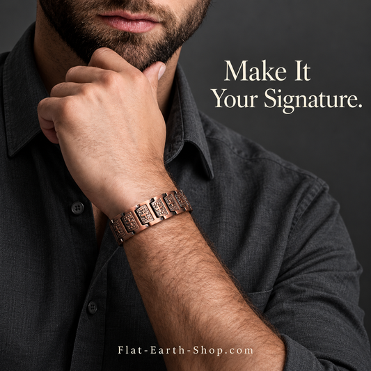 Person in a dark shirt wearing a copper-colored cross-pattern link bracelet with one hand at their chin.