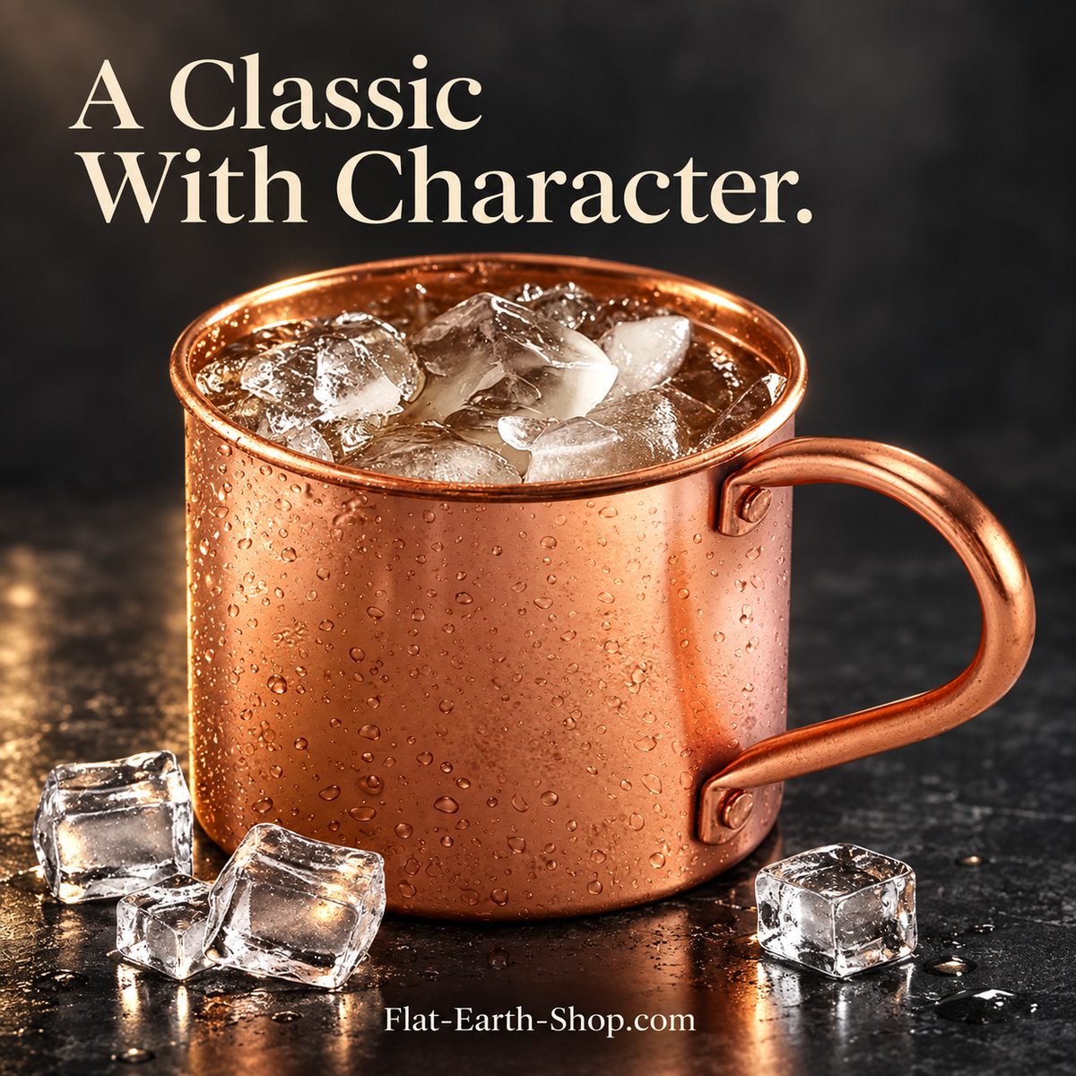 Copper-colored mug filled with ice, with water droplets on its sides and loose ice cubes on a dark surface.