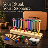 Colorful weighted tuning forks in a wooden stand with mallets, accessories and an orange case.