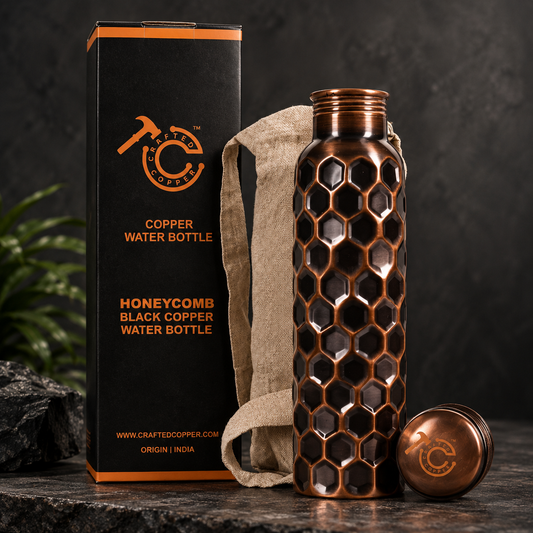 Pure Copper Water Bottle — 34oz Honeycomb Design with Carry Pouch