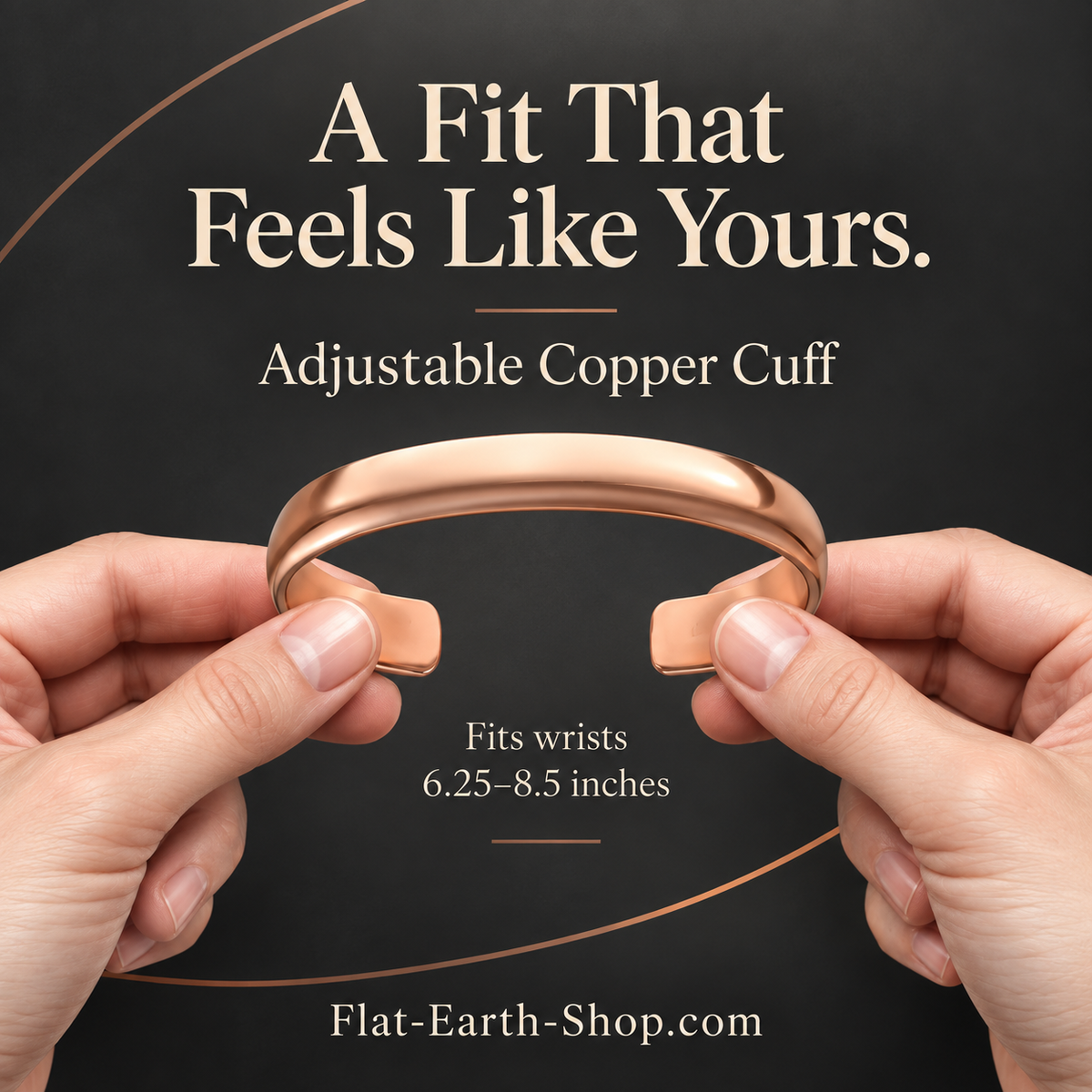 Hands holding both ends of a smooth copper-colored open cuff bracelet.