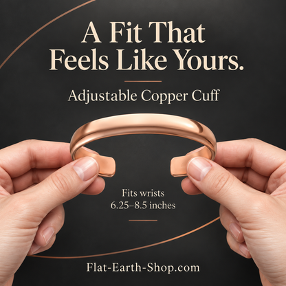 Hands holding both ends of a smooth copper-colored open cuff bracelet.