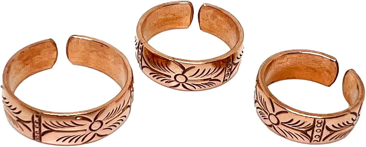 Copper Ring Set — Earthen Bloom | 3 Carved Rings