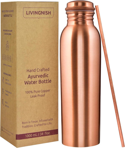 Pure Copper Water Bottle – 34oz Wide Mouth Hammered Ayurvedic Vessel with Straw
