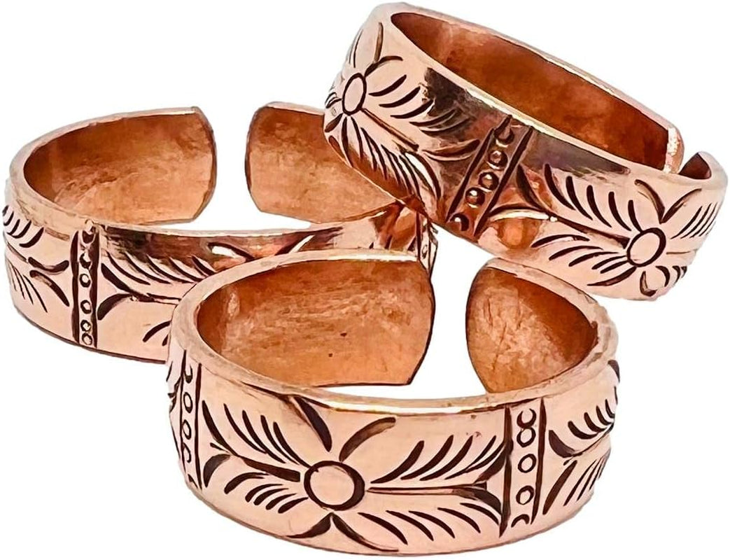 Copper Ring Set — Earthen Bloom | 3 Carved Rings