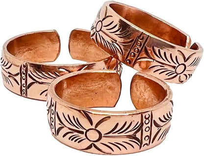 Copper Ring Set — Earthen Bloom | 3 Carved Rings