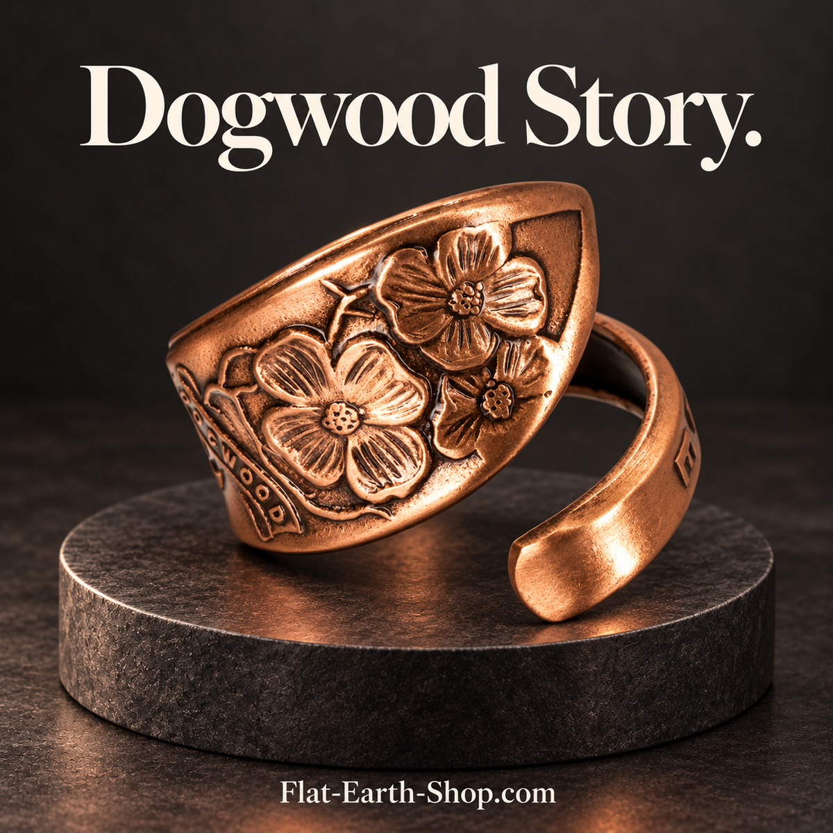 dogwood story copper ring design in a dark studio setting