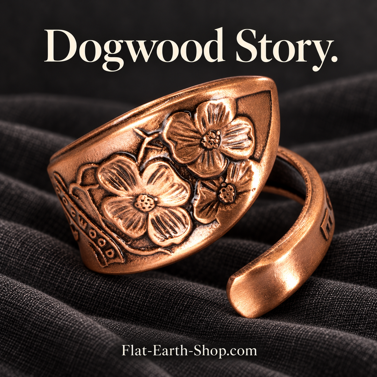 dogwood story copper ring design in a dark studio setting