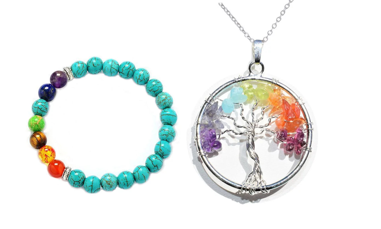 Unisex Chakra Pendant Necklace & Turquoise Energy Bracelet Set – Harness the Power of Balance & Healing