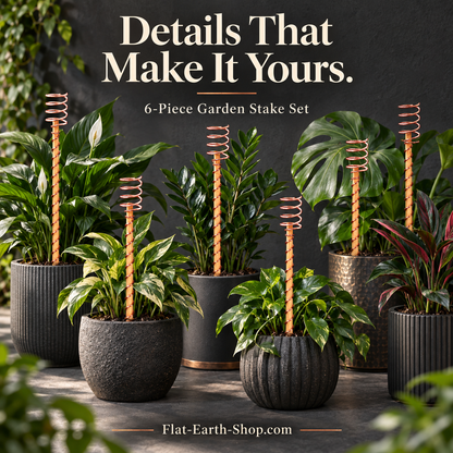 Six copper-colored wire-wrapped spiral-top stakes placed among leafy plants in dark pots.