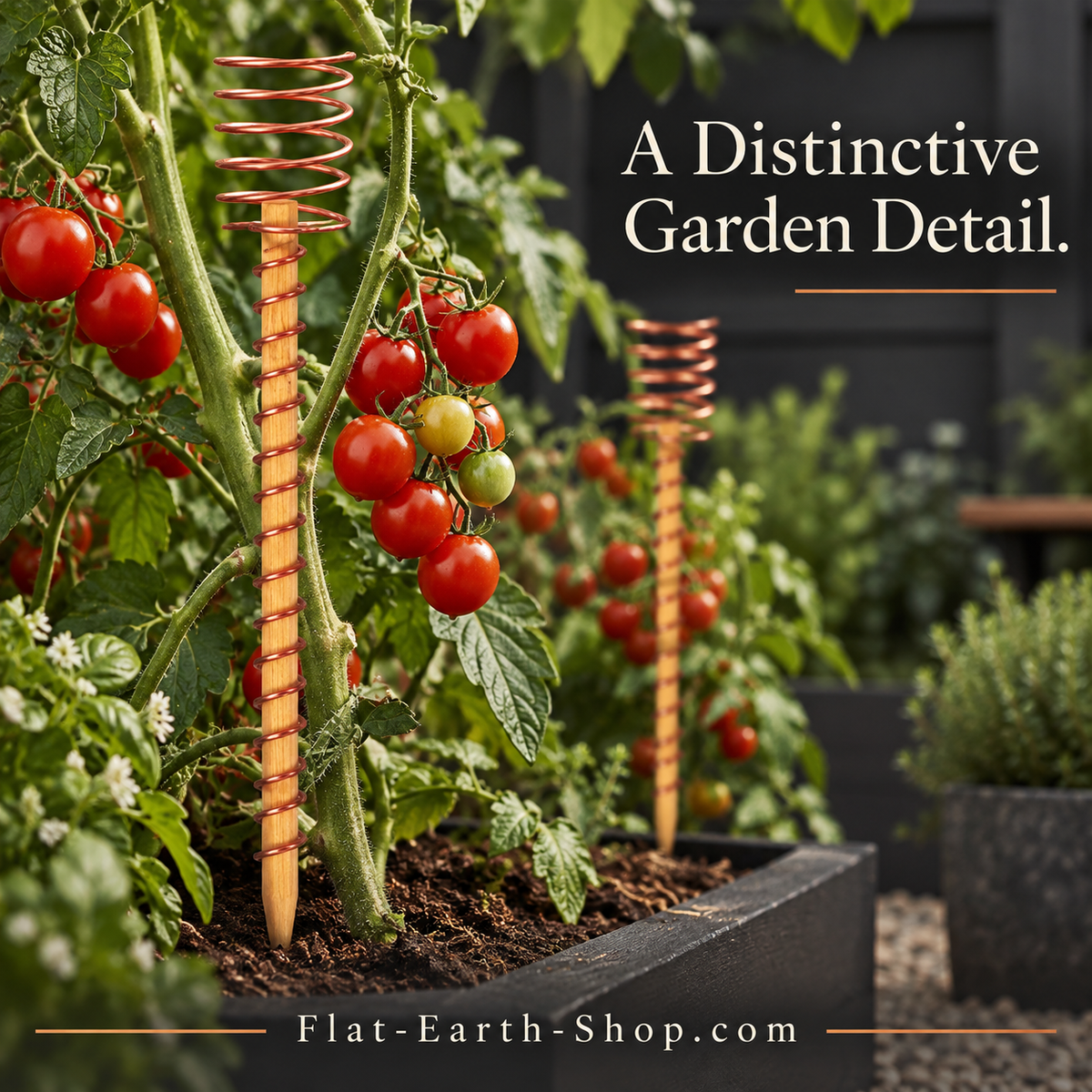 Copper-colored wire-wrapped wooden stakes with spiral tops placed beside tomato vines in a dark raised planter.