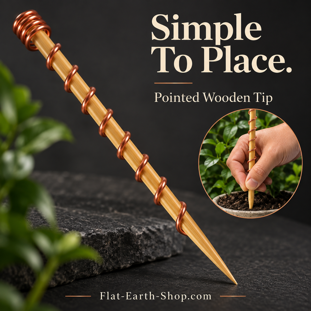 Close-up of a copper-colored wire-wrapped wooden stake with a pointed tip, with an inset showing a hand placing it in soil.