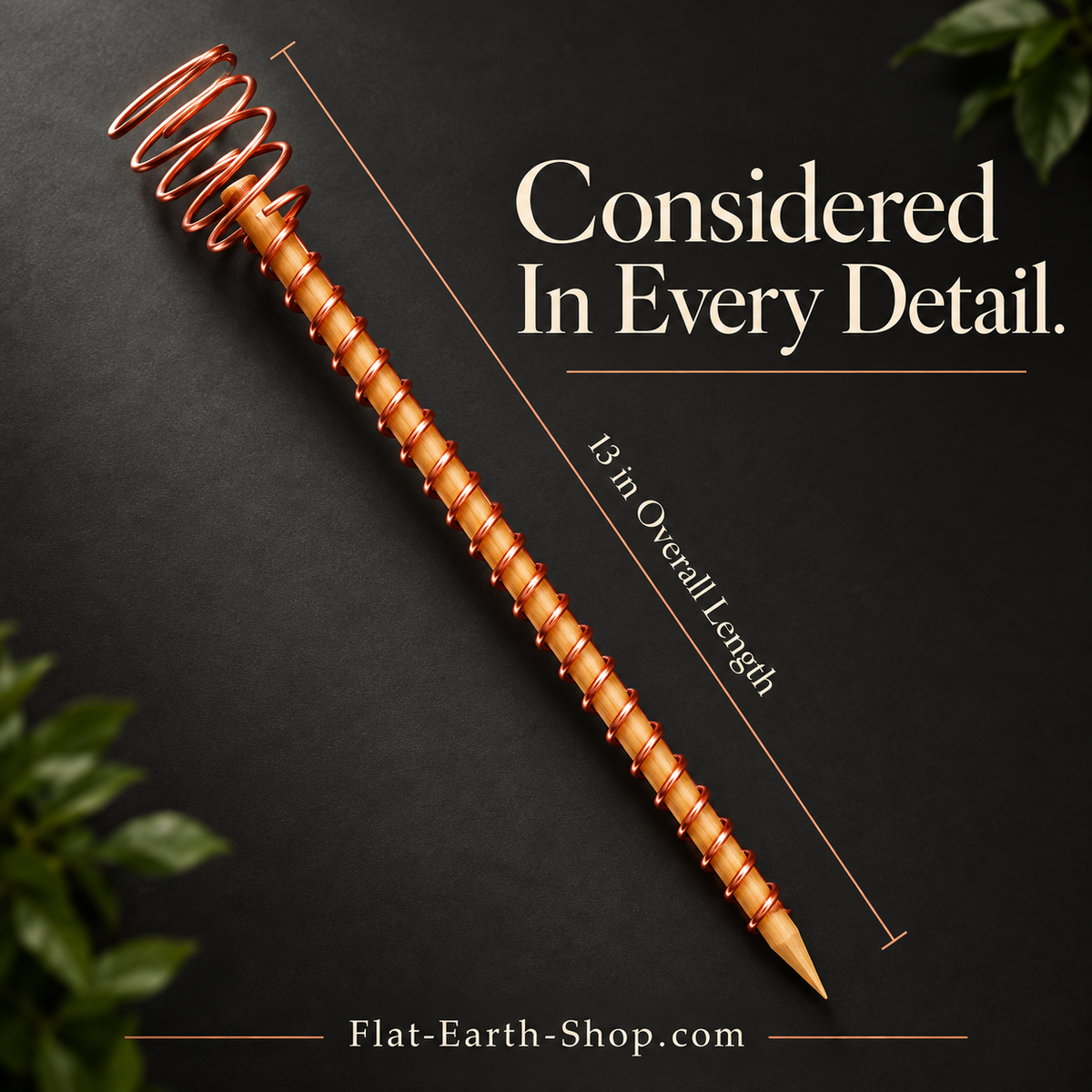 Copper-colored wire-wrapped wooden stake with a spiral top, shown diagonally beside a 13-inch overall-length guide.
