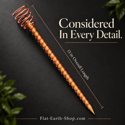 Copper-colored wire-wrapped wooden stake with a spiral top, shown diagonally beside a 13-inch overall-length guide.