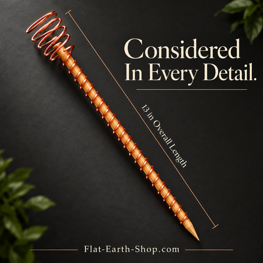 Copper-colored wire-wrapped wooden stake with a spiral top, shown diagonally beside a 13-inch overall-length guide.