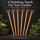 Six pointed wooden stakes wrapped in copper-colored wire with spiral tops, arranged in a fan against a dark background.