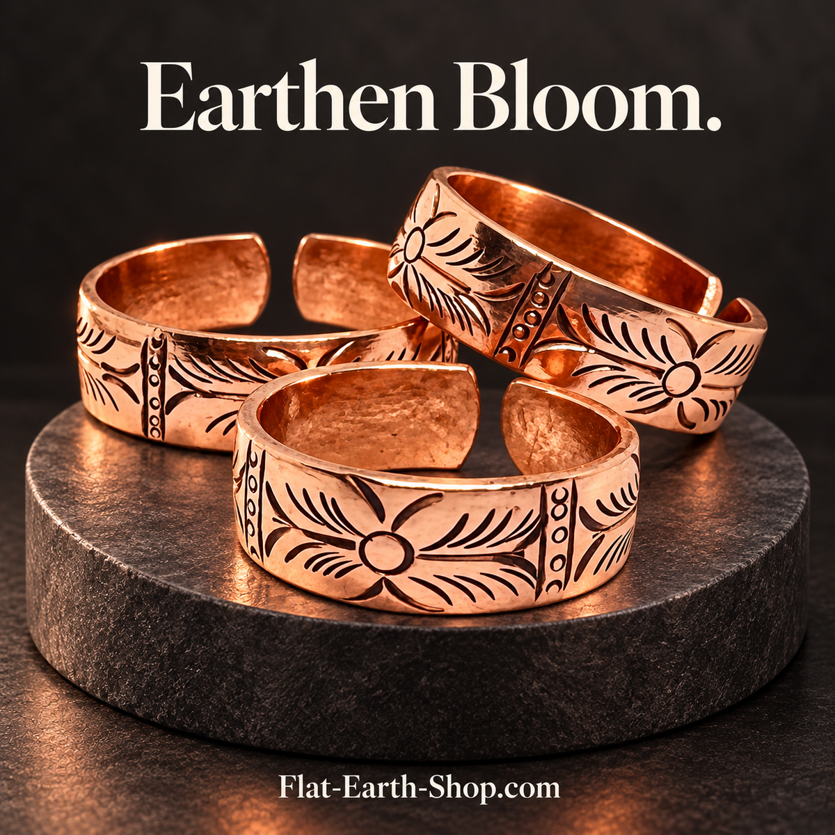 earthen bloom copper ring design in a dark studio setting