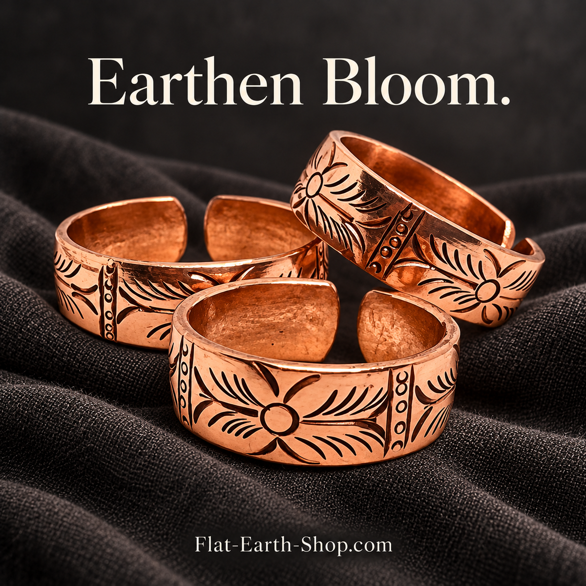 earthen bloom copper ring design in a dark studio setting
