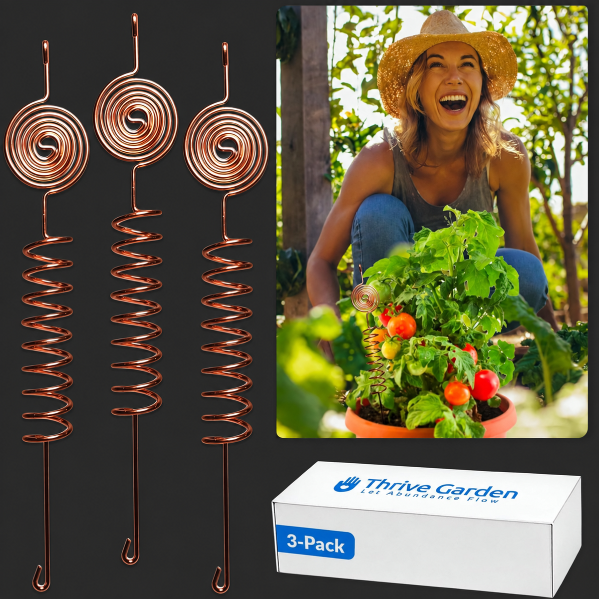 Three copper-colored spiral garden stakes beside a photo of a smiling gardener, a tomato plant, and a white 3-pack box.