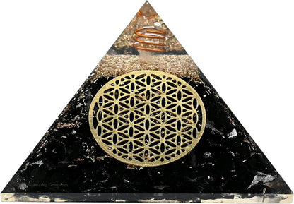 Black Tourmaline Orgone Pyramid – Lotus Flower of Life Energy Generator for Protection & Healing