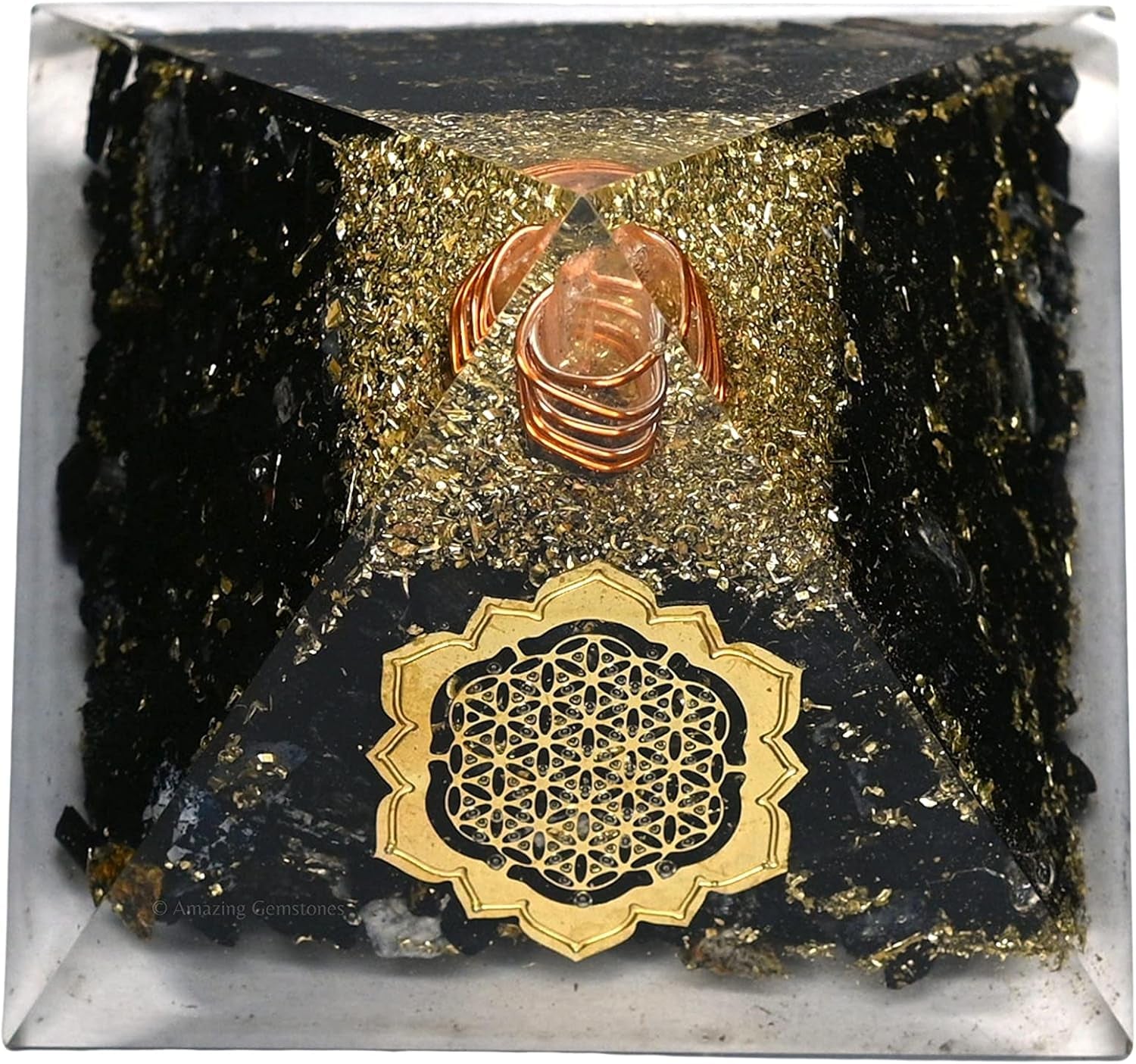Black Tourmaline Orgone Pyramid – Lotus Flower of Life Energy Generator for Protection & Healing