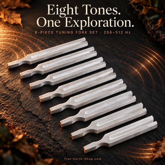 Eight silver tuning forks arranged diagonally on dark slate. Eight tones. One exploration. 256–512 Hz.