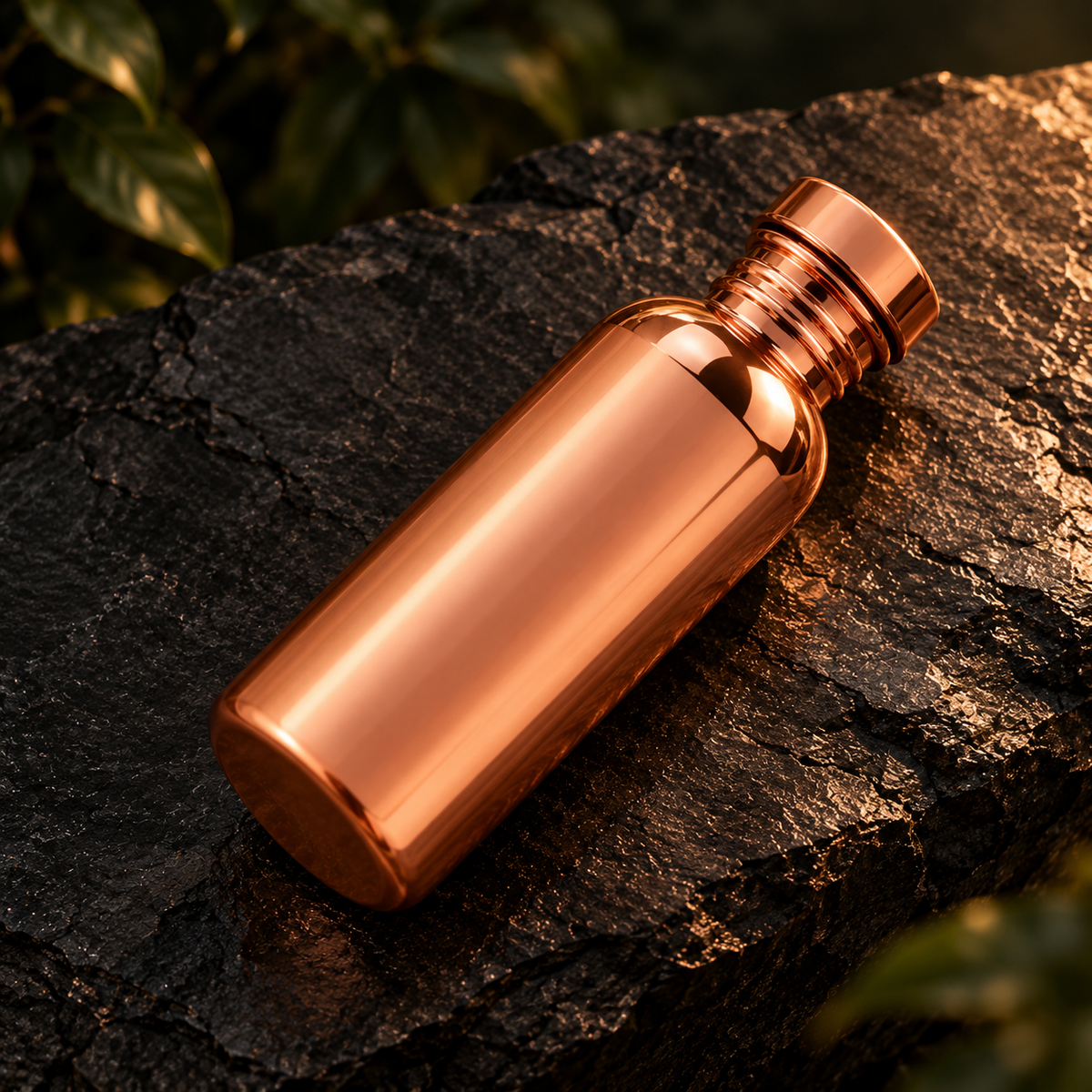 500 ml copper-tone bottle resting diagonally on dark stone