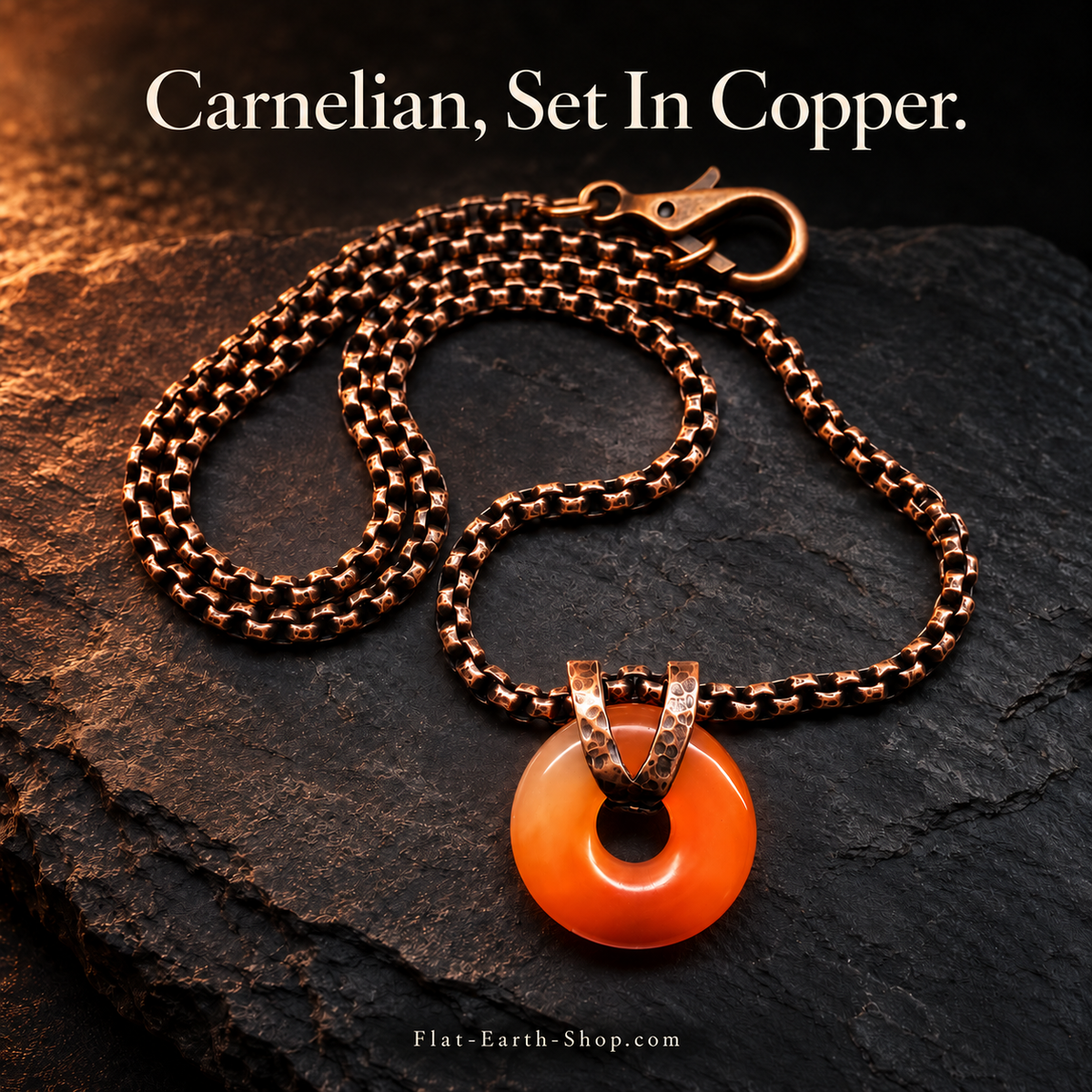 Copper Necklace with Carnelian Gemstone Donut Pendant — hero view with a dark backdrop.