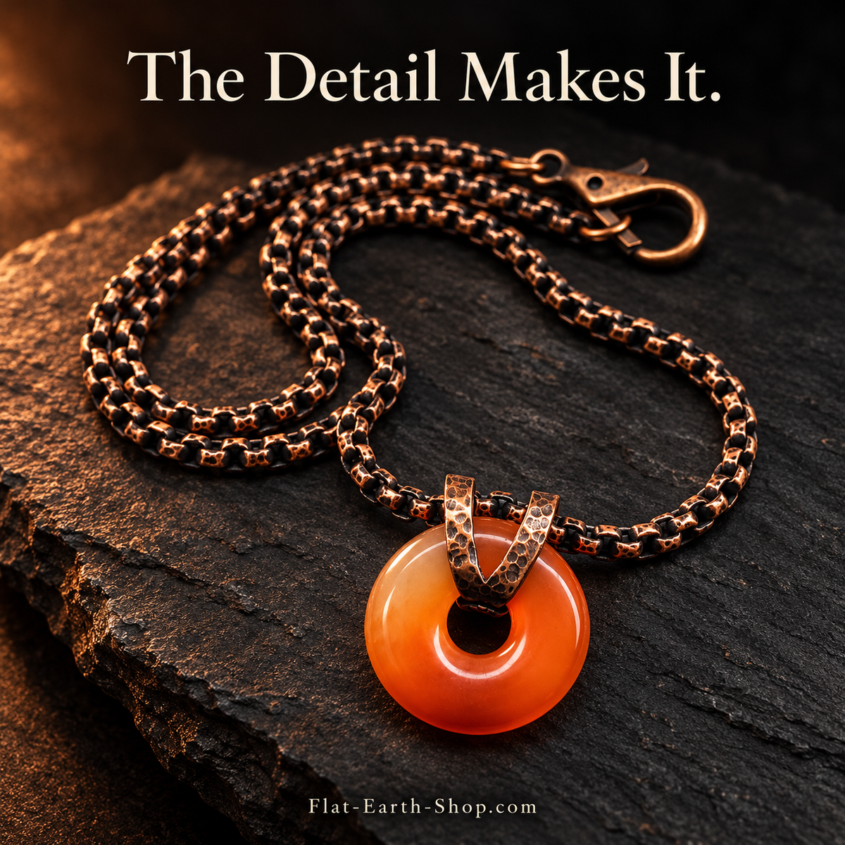 Copper Necklace with Carnelian Gemstone Donut Pendant — second view with a dark backdrop.