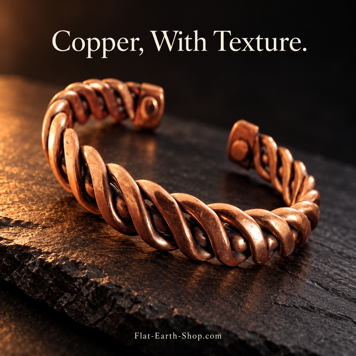 Pure Copper Twisted Cuff Bracelet — Heavy 40g Design — second view with a dark backdrop.