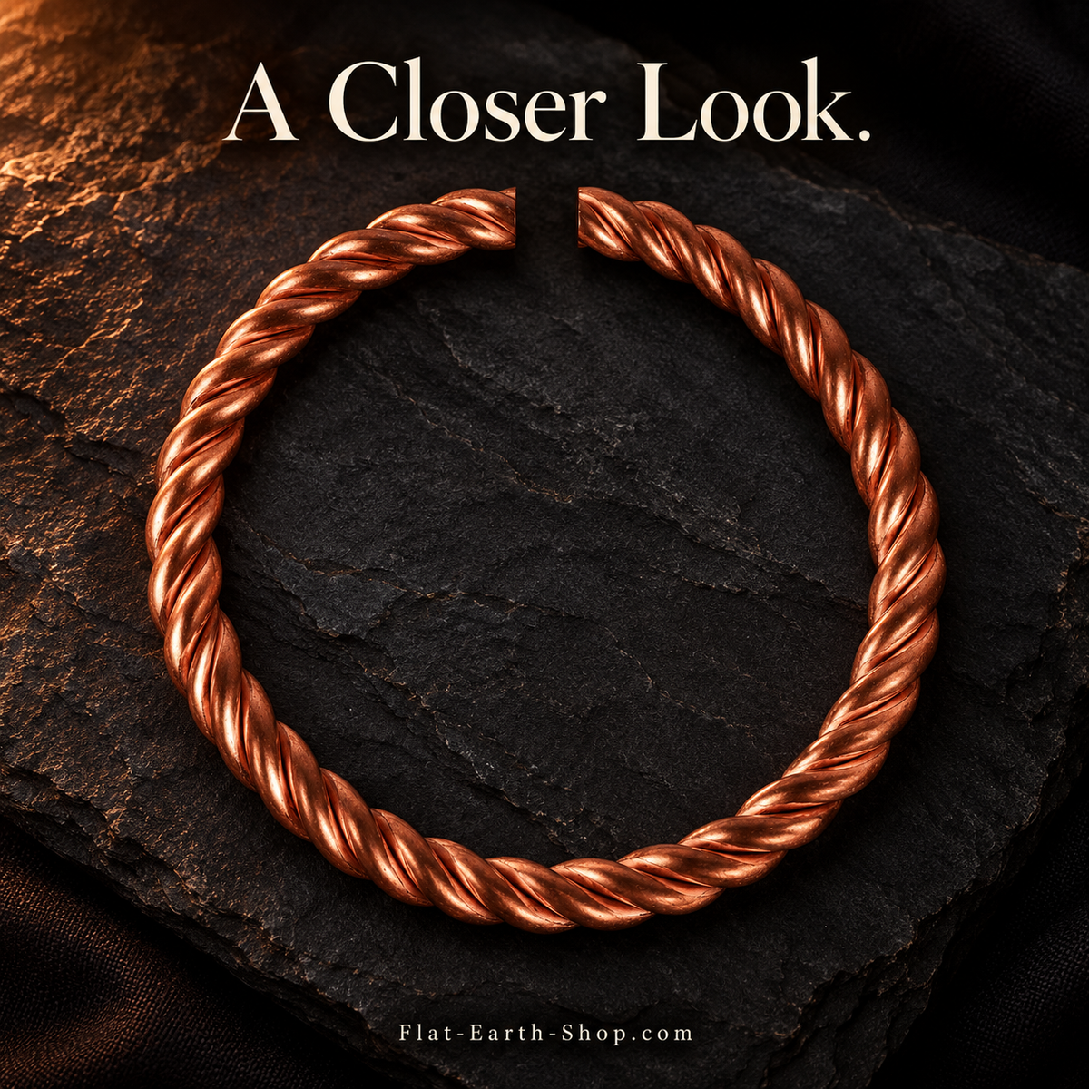 Pure Copper Tensor Bangle — Handmade Solid Copper — second view with a dark backdrop.