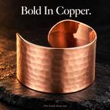Pure Copper Turkish Cuff Bracelet — Wide Hammered Design — hero view with a dark backdrop.