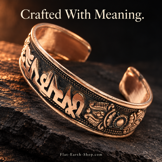 Copper Mantra Cuff Bracelet — Nepalese Design — hero view with a dark backdrop.